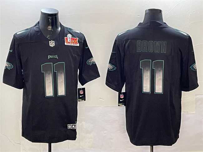 Mens Philadelphia Eagles #11 A. J. Brown Black 2025 Super Bowl LIX Patch Smoke Fashion Vapor Untouchable Limited Stitched Jersey